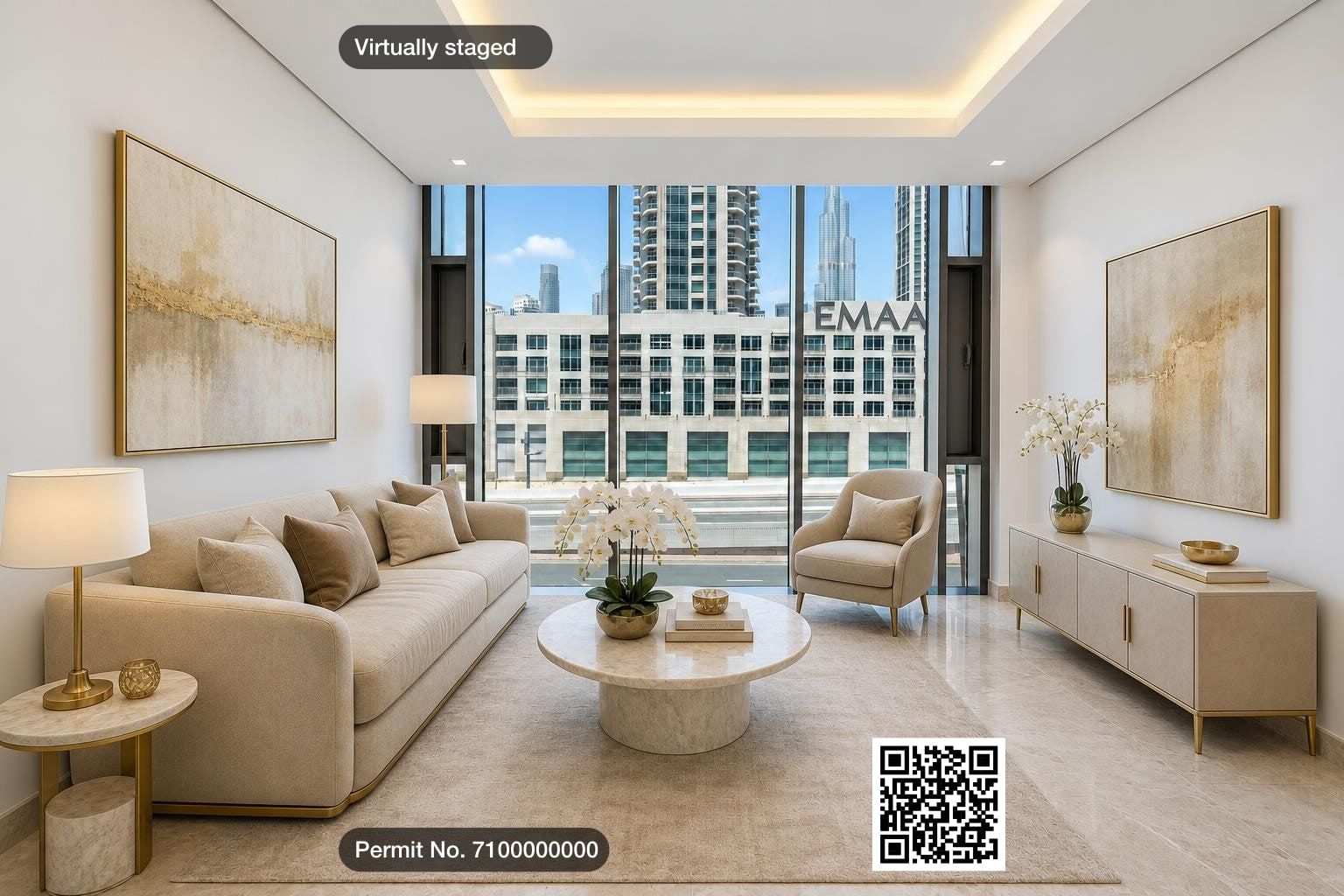 Exported photo of the staged living room with a “Virtually staged” label, a permit number and a QR code.