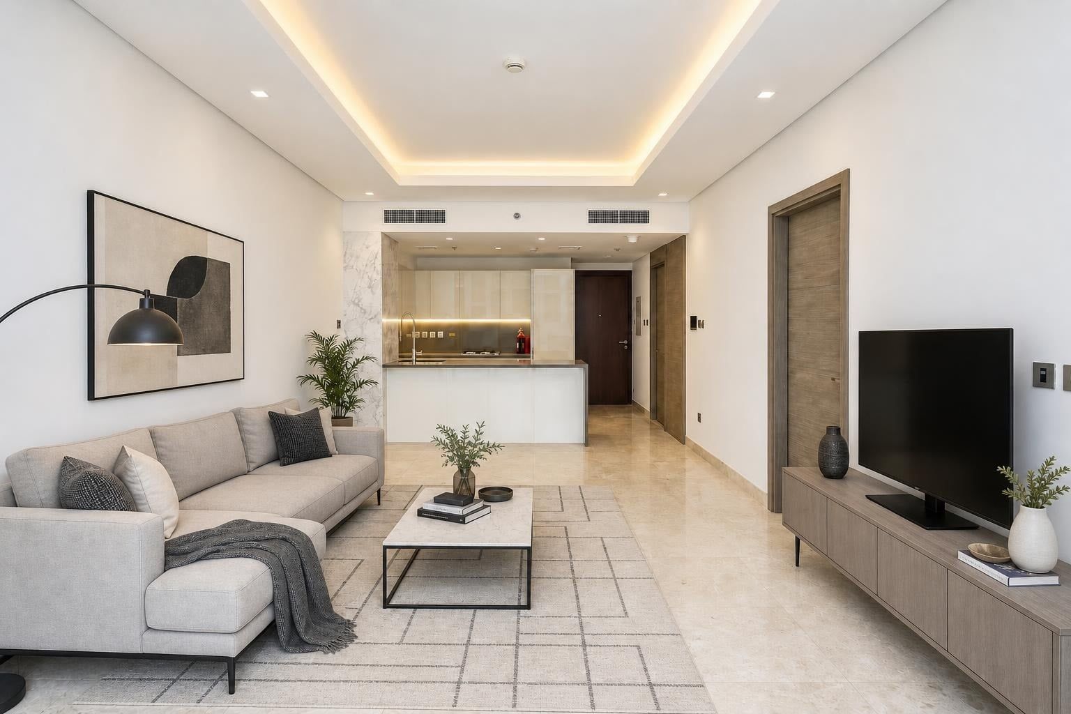 Living room virtually staged in the Modern style: sofa, coffee table, TV unit; walls, door and kitchen unchanged.