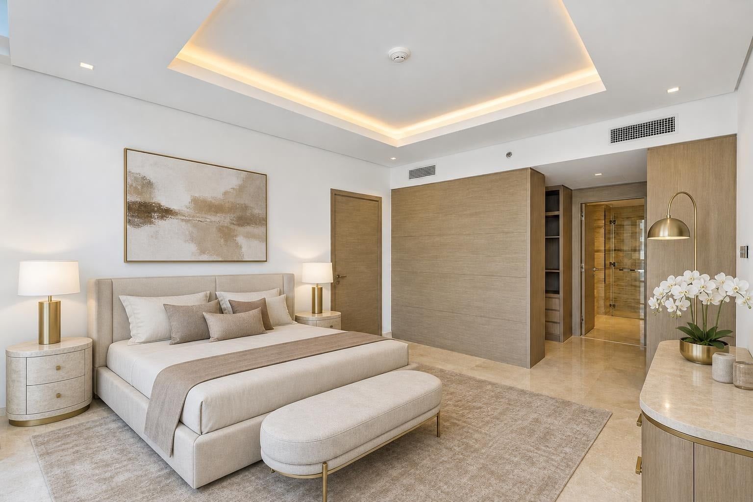 Bedroom virtually staged in the Dubai Luxury style: bed, bedside tables, artwork; walls and doors unchanged.